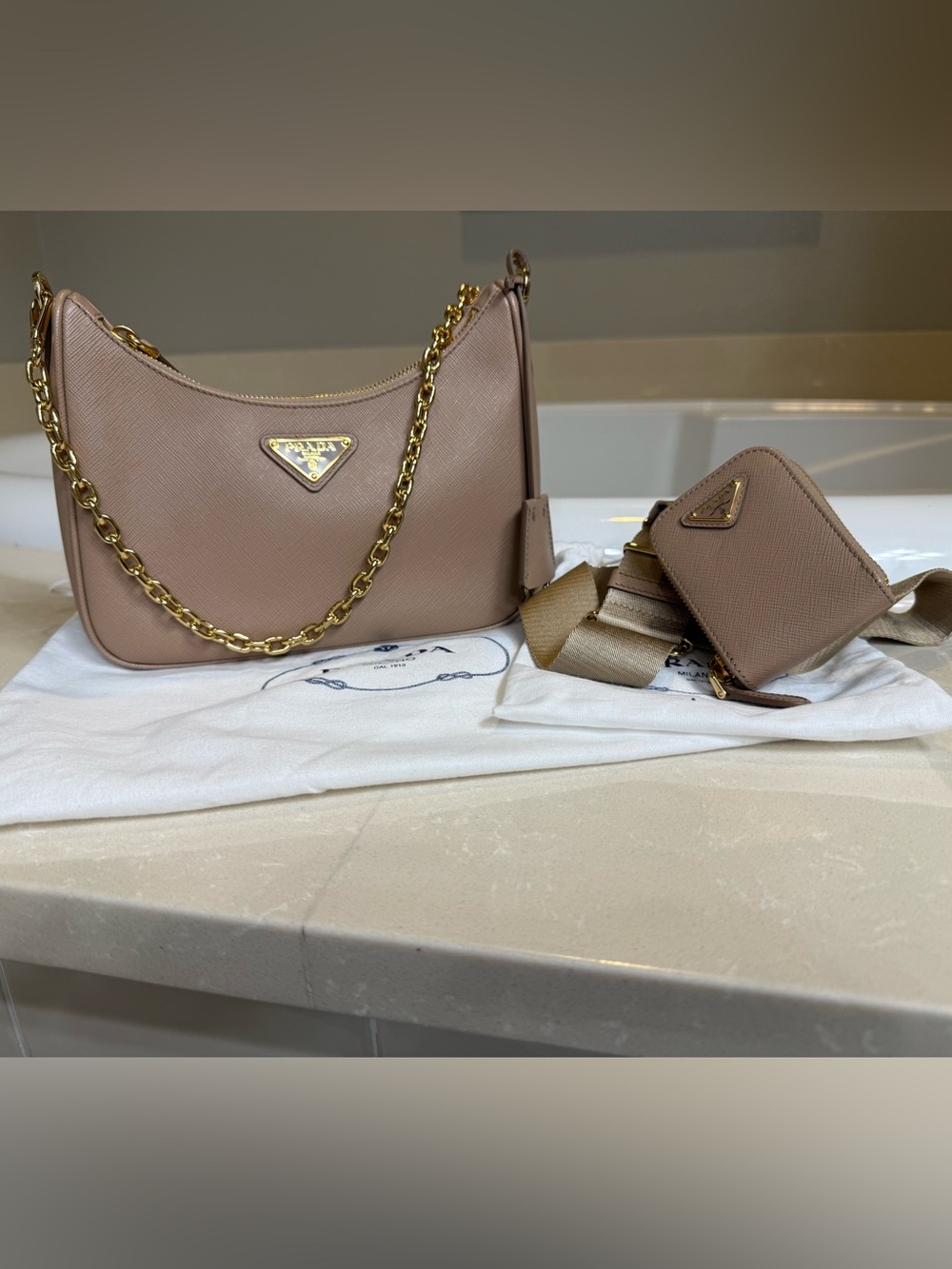 Prada Saffiano Lux Re-Edition 2005 Shoulder Bag Cammeo brand new